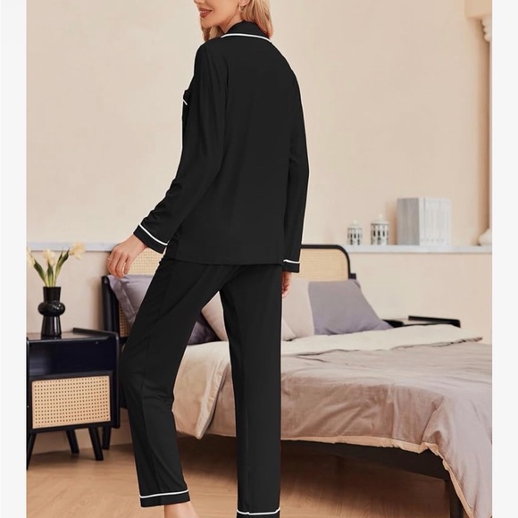 Women's Black Pajama Set with White Trim - Picture 3 of 7